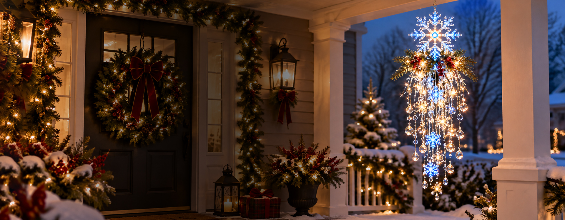 Winterfall Glow hanging beside a festive porch